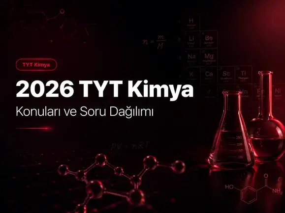 2026 TYT Kimya konuları ve soru dağılımı — periyodik tablo, mol hesaplaması ve kimya formülleri ile dolu çalışma masası görseli