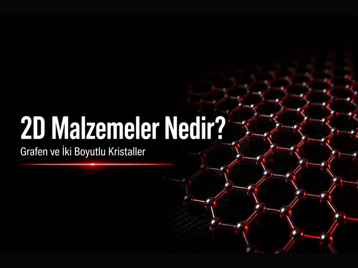 Tek atom kalınlığında iki boyutlu kristal tabaka ve kırmızı glow vurgulu 2D malzeme bilim kapak görseli