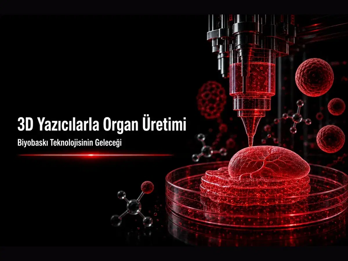 Biyobaskı 3D yazıcı nozülüyle organ benzeri doku basan koyu laboratuvar sahnesi, biyomürekkep ve hücreler