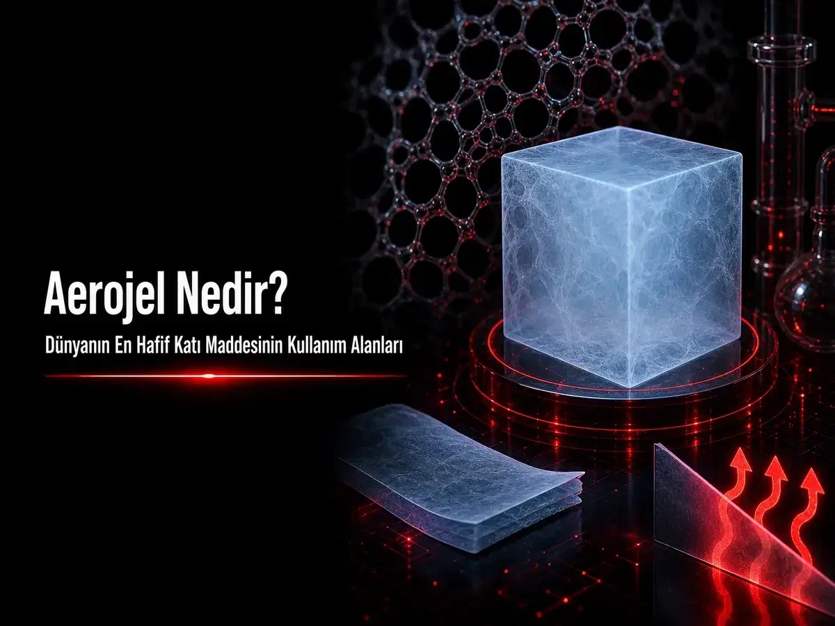 Mavi dumanlı aerojel bloğu, ince gözenek ağı ve ısı yalıtımı okları olan koyu laboratuvar sahnesi