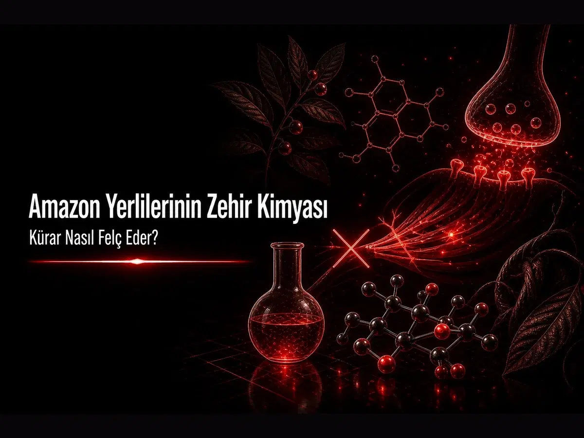 Kürar nasıl felç eder: Amazon ok zehri, alkaloit ve asetilkolin reseptör bloğunu gösteren koyu bilim temalı kapak
