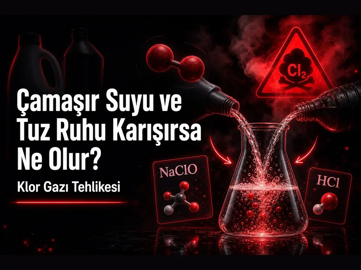 Çamaşır suyu ve tuz ruhu karışımında klor gazı tehlikesi, NaClO ve HCl tepkimesi konulu TYT kimya blog kapak görseli