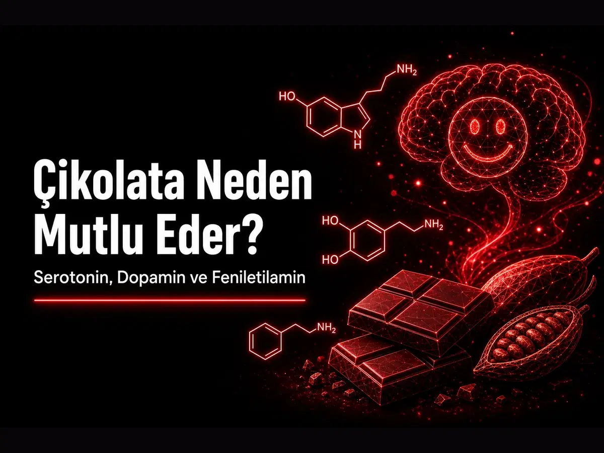 Çikolata neden mutlu eder sorusu, serotonin dopamin ve feniletilamin konulu TYT kimya blog kapak görseli