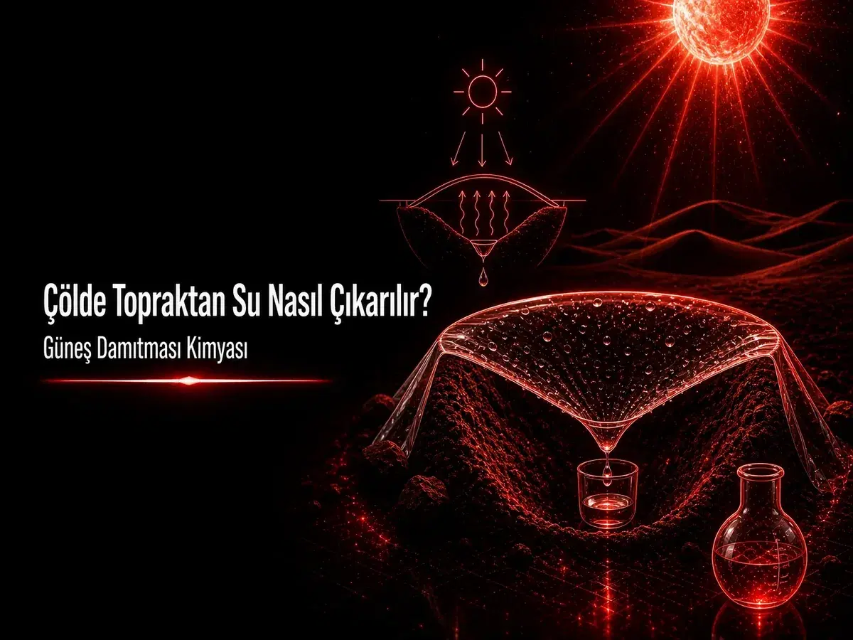 Çölde topraktan su nasıl çıkarılır; güneş damıtması, buharlaşma ve yoğuşma kimyasını gösteren koyu bilim temalı kapak