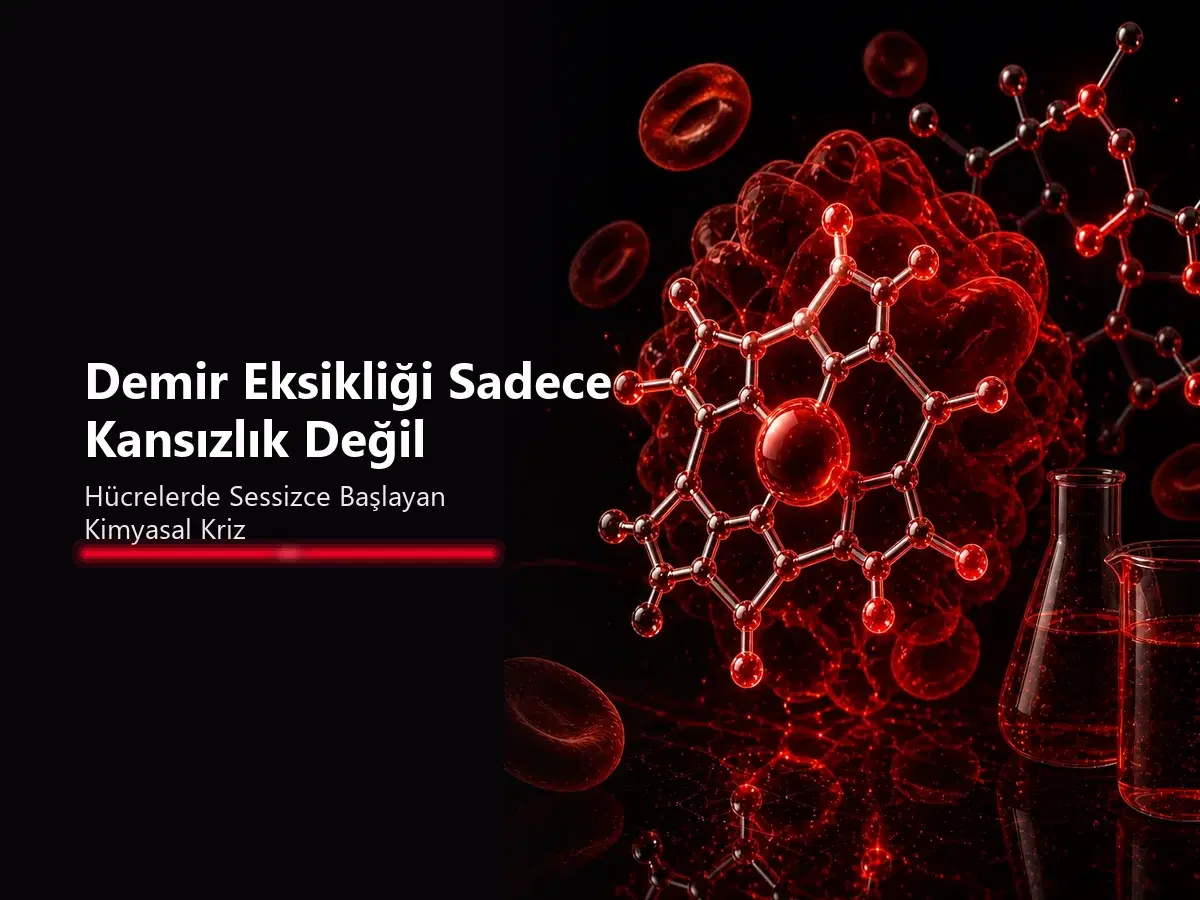 Demir eksikliği sadece kansızlık değil: ferritin deposu, hemoglobin ve hücre enzimlerini gösteren kimya blog kapağı