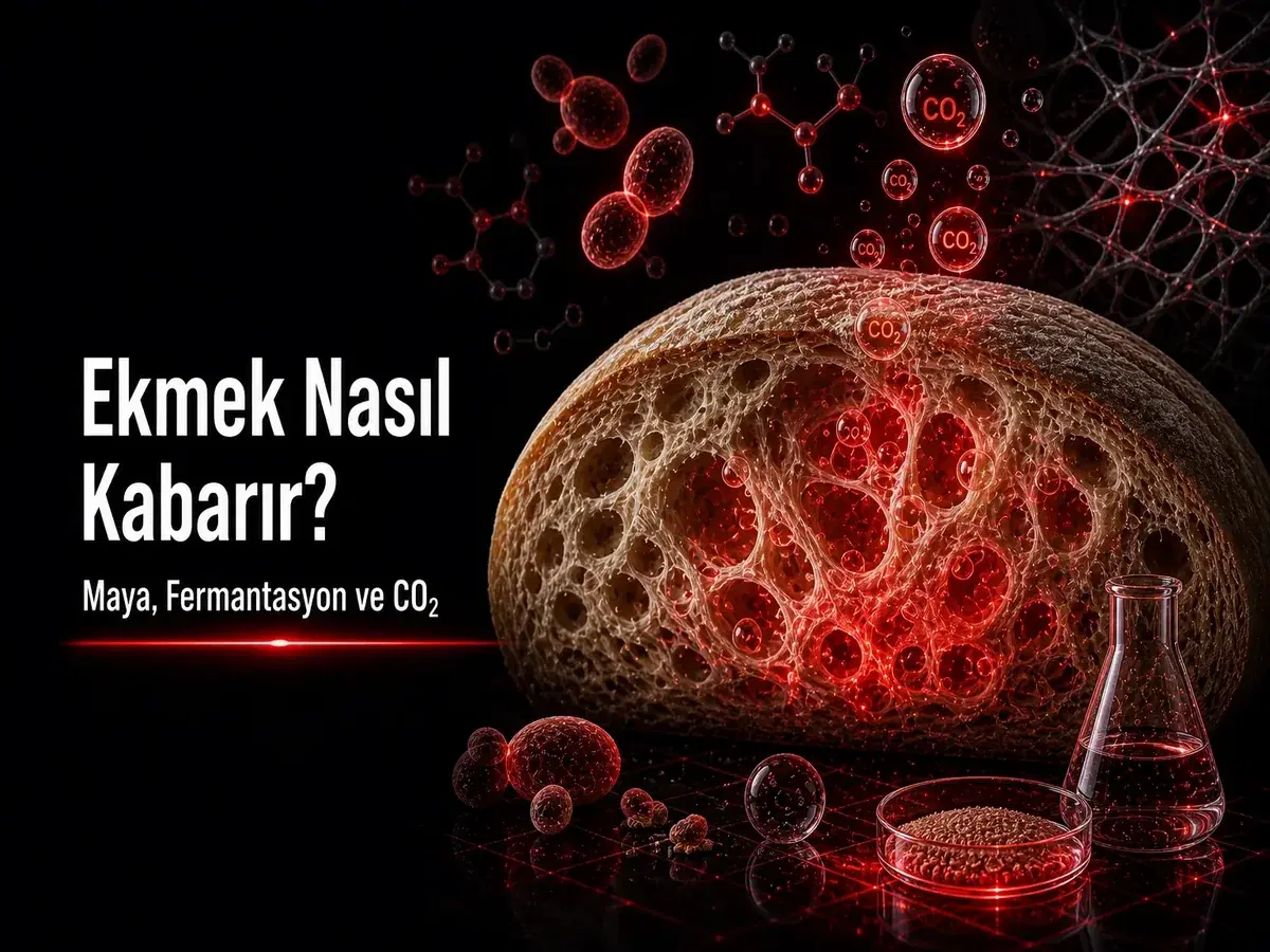 Ekmek nasıl kabarır: maya fermantasyonu, CO₂ kabarcıkları ve gluten ağını gösteren koyu bilim temalı blog kapak görseli
