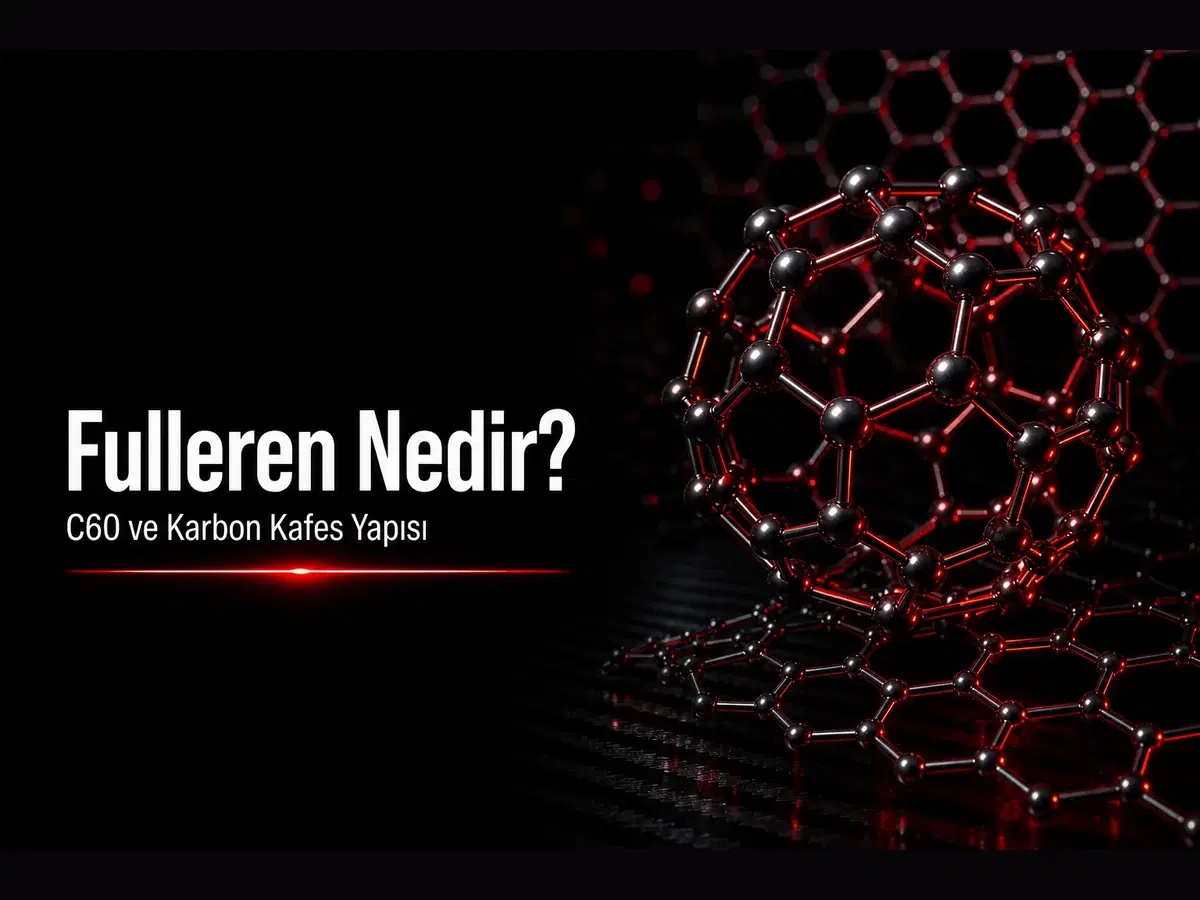 Futbol topu benzeri C60 karbon kafesi ve kırmızı glow vurgulu fulleren bilim kapak görseli