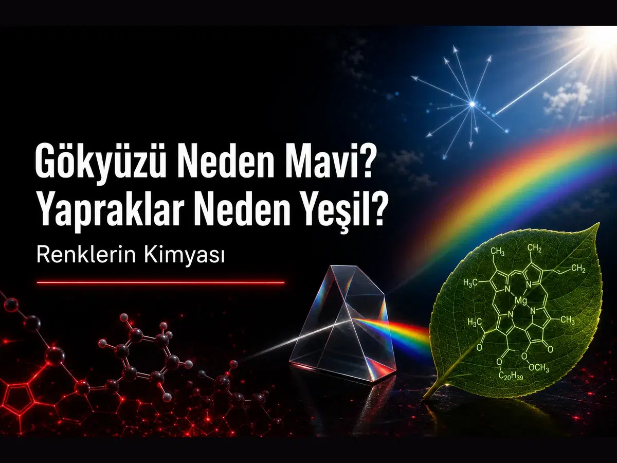 Gökyüzünün mavi rengi, yeşil yapraklar ve klorofil molekülüyle renklerin kimyası konulu TYT kimya blog kapak görseli