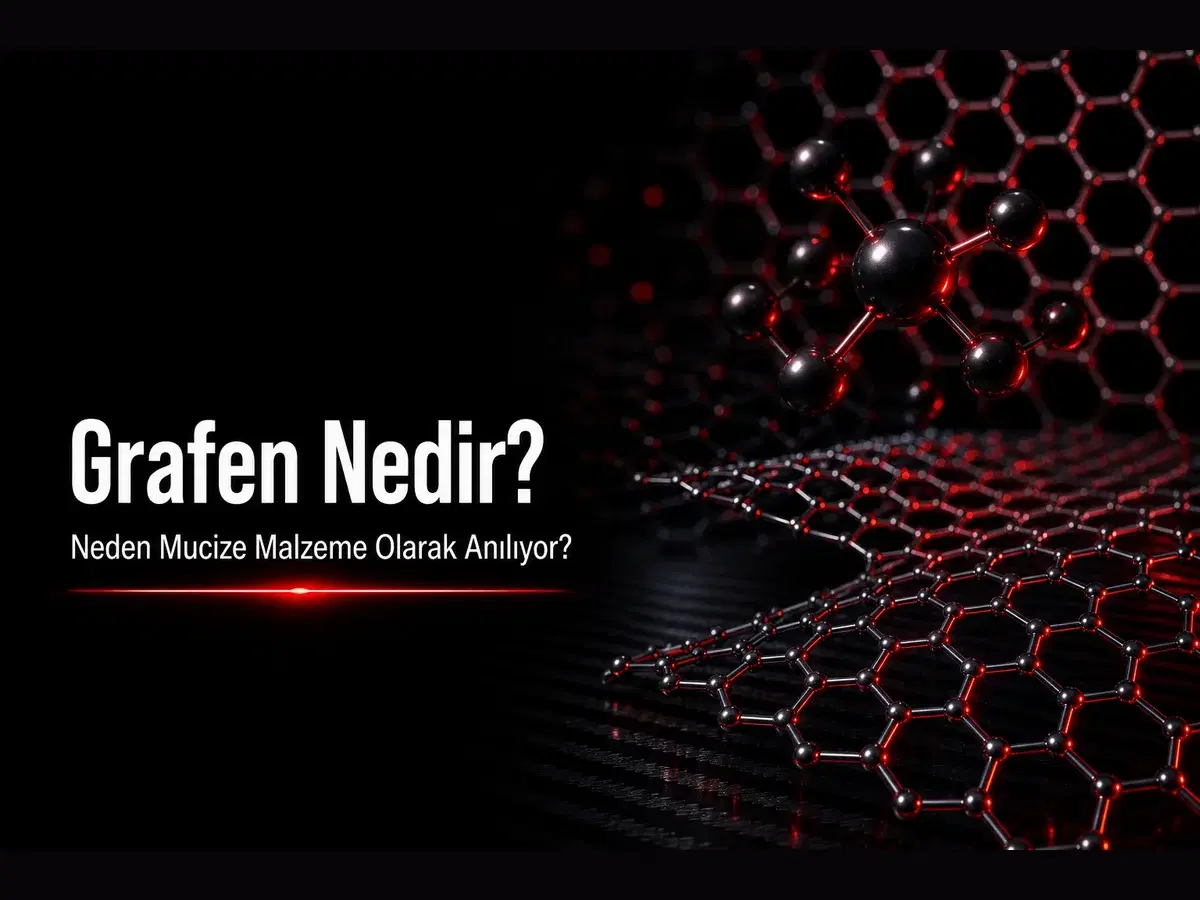 Tek atom kalınlığında bal peteği karbon ağı ve kırmızı glow vurgulu grafen bilim kapak görseli
