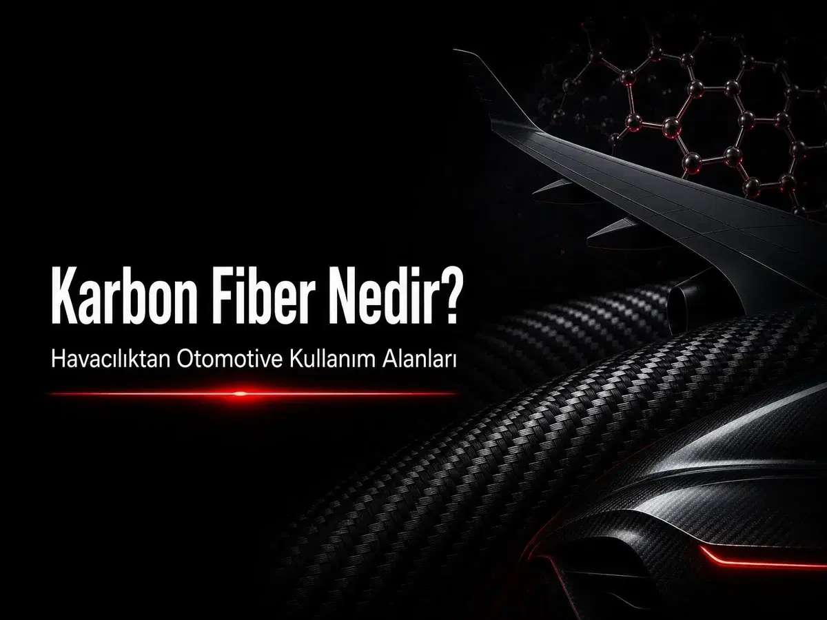 Karbon fiber kumaş dokusu, uçak kanadı ve otomotiv paneli vurgulu koyu bilim sahnesi