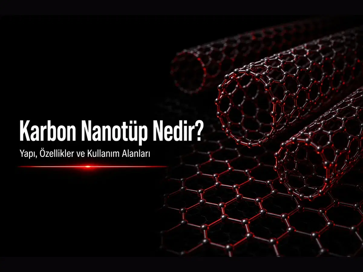 Silindir şeklinde sarılmış karbon ağı ve kırmızı glow vurgulu karbon nanotüp bilim kapak görseli