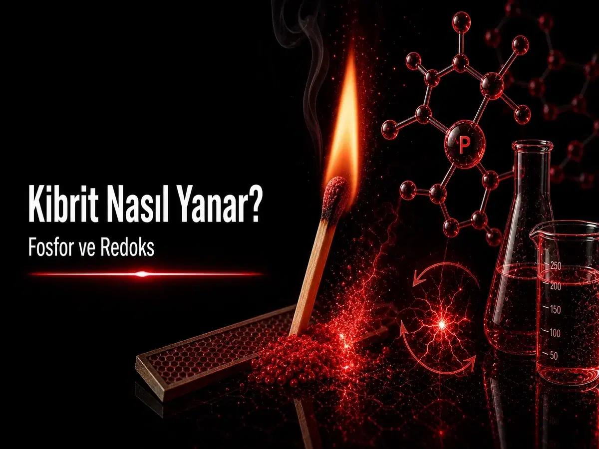 Kibrit nasıl yanar: fosfor, sürtünme şeridi ve redoks alevini gösteren koyu bilim temalı kapak
