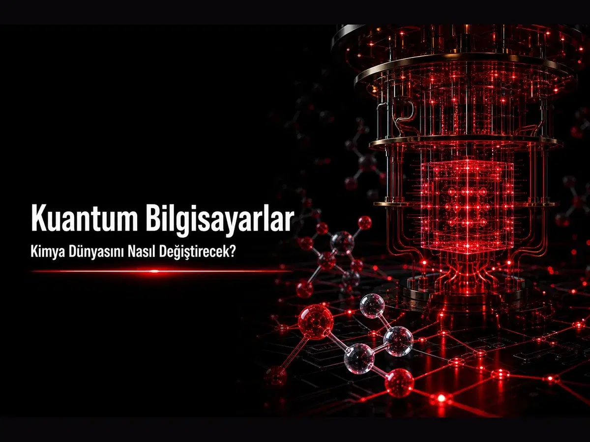 Kuantum işlemci, kübit ızgarası ve molekül modeli olan koyu laboratuvar sahnesi; kırmızı neon vurgular