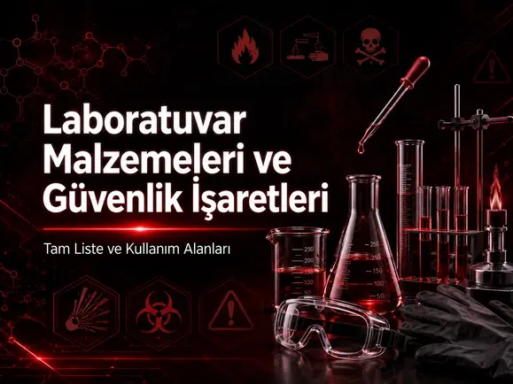 Kimya laboratuvar malzemeleri, güvenlik işaretleri ve koruyucu ekipmanları inceleyen TYT kimya öğrencisi