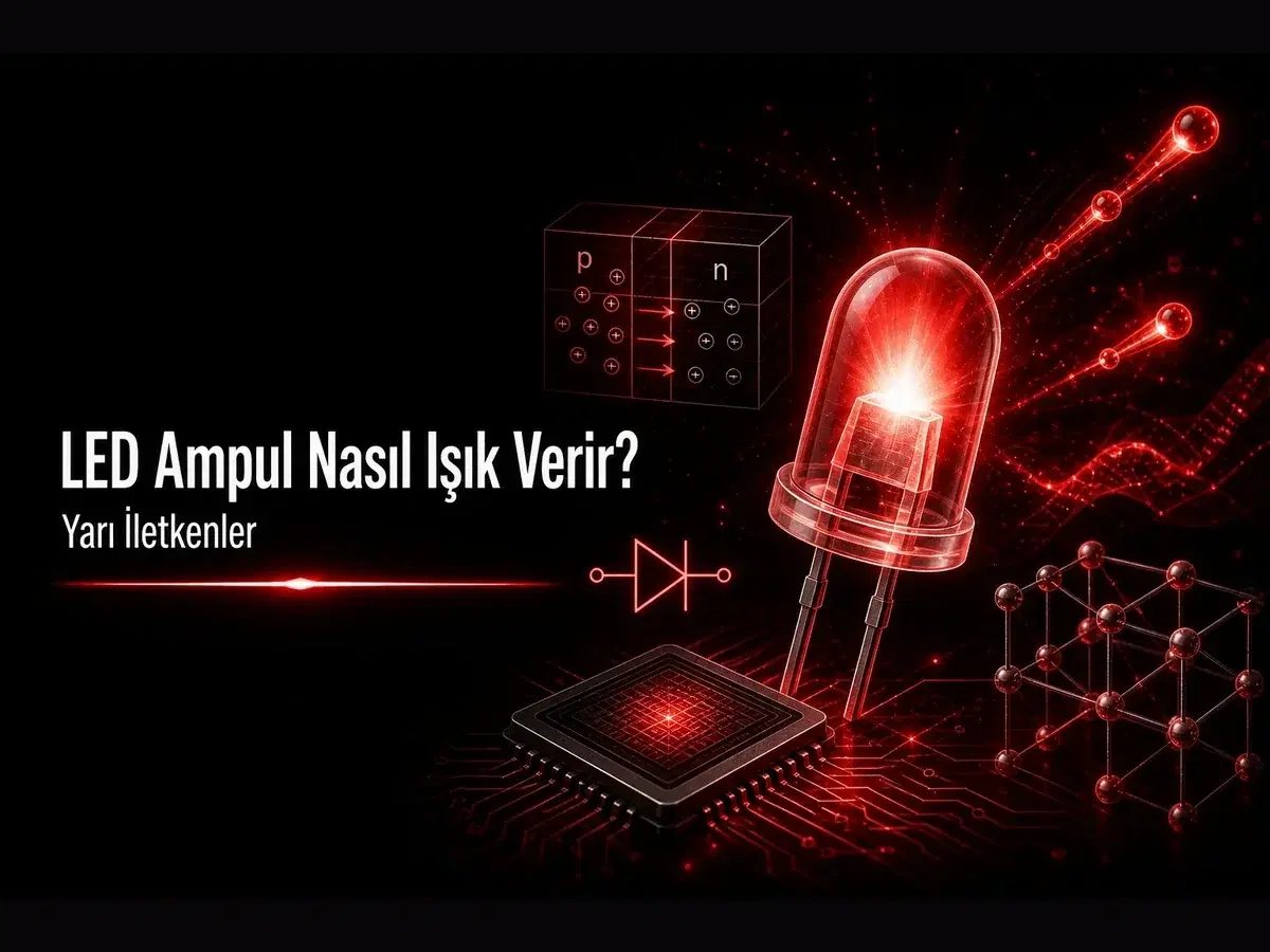 LED ampul nasıl ışık verir: yarı iletken diyot, p-n eklemi ve elektrolüminesans gösteren koyu bilim temalı kapak