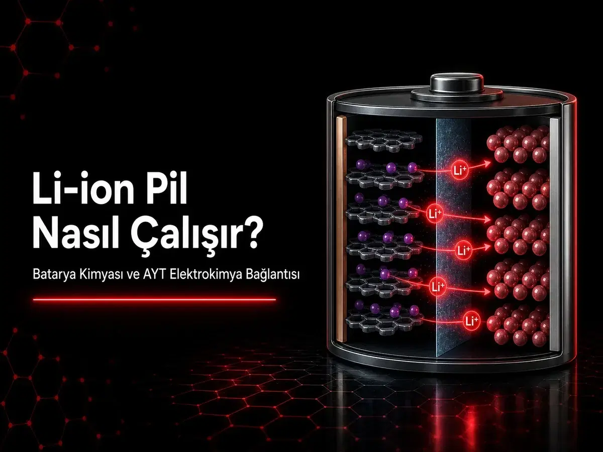 Li-ion pil kesiti, lityum iyon akışı, şarj deşarj redoks şeması ve batarya kimyası konulu TYT AYT blog kapak görseli
