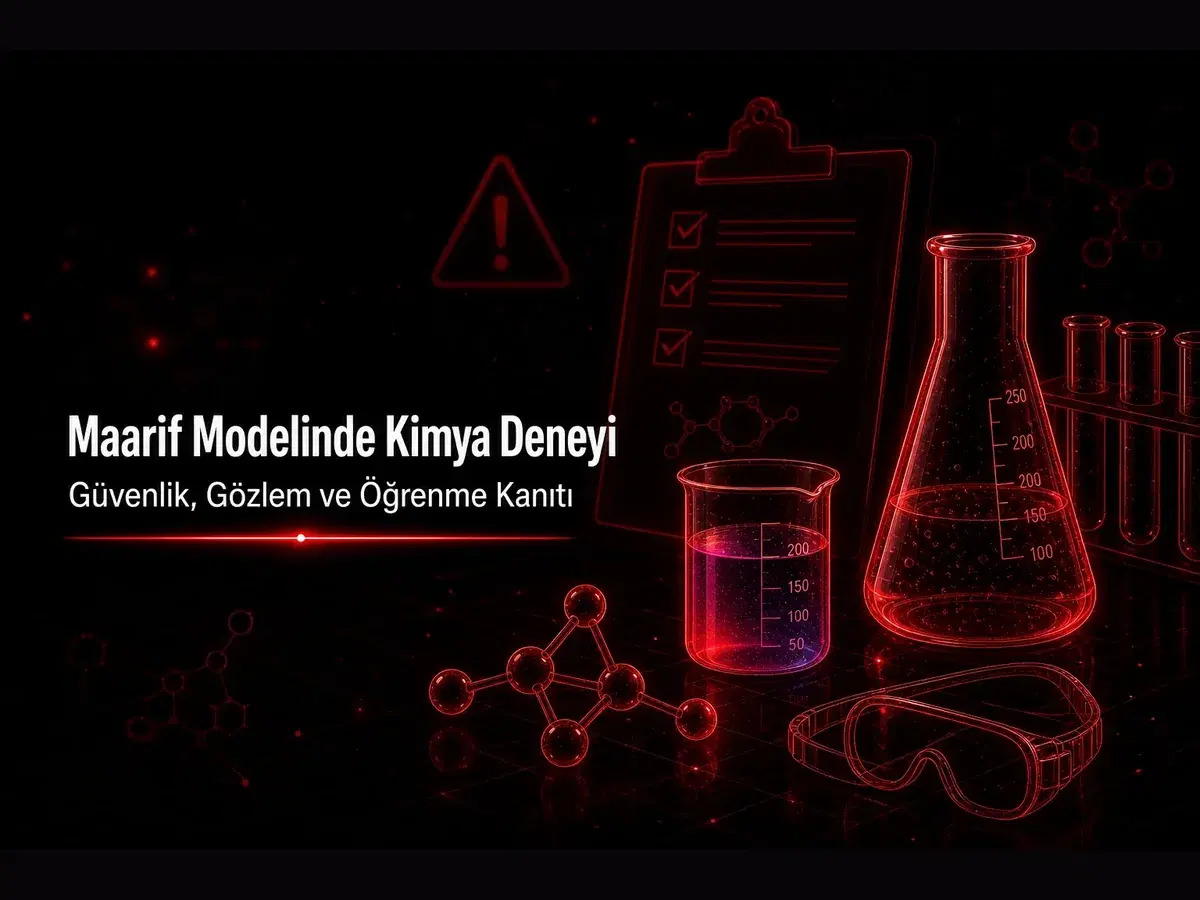 Maarif kimya deneyi planlama rehberi; güvenlik gözlük formu, gözlem tablosu ve TYMM öğrenme kanıtı kapak görseli
