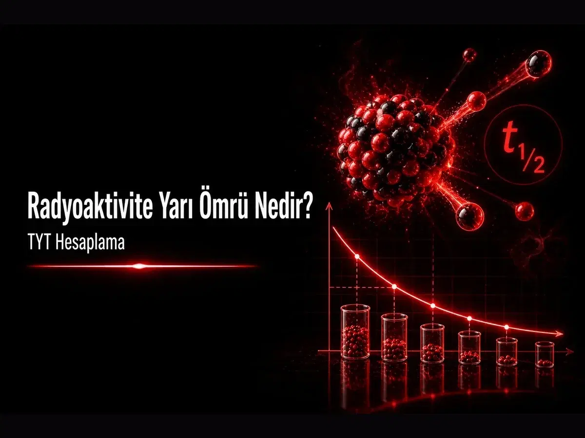 Radyoaktivite yarı ömrü nedir: t½, bozunma eğrisi ve TYT hesaplamasını gösteren koyu bilim temalı kapak