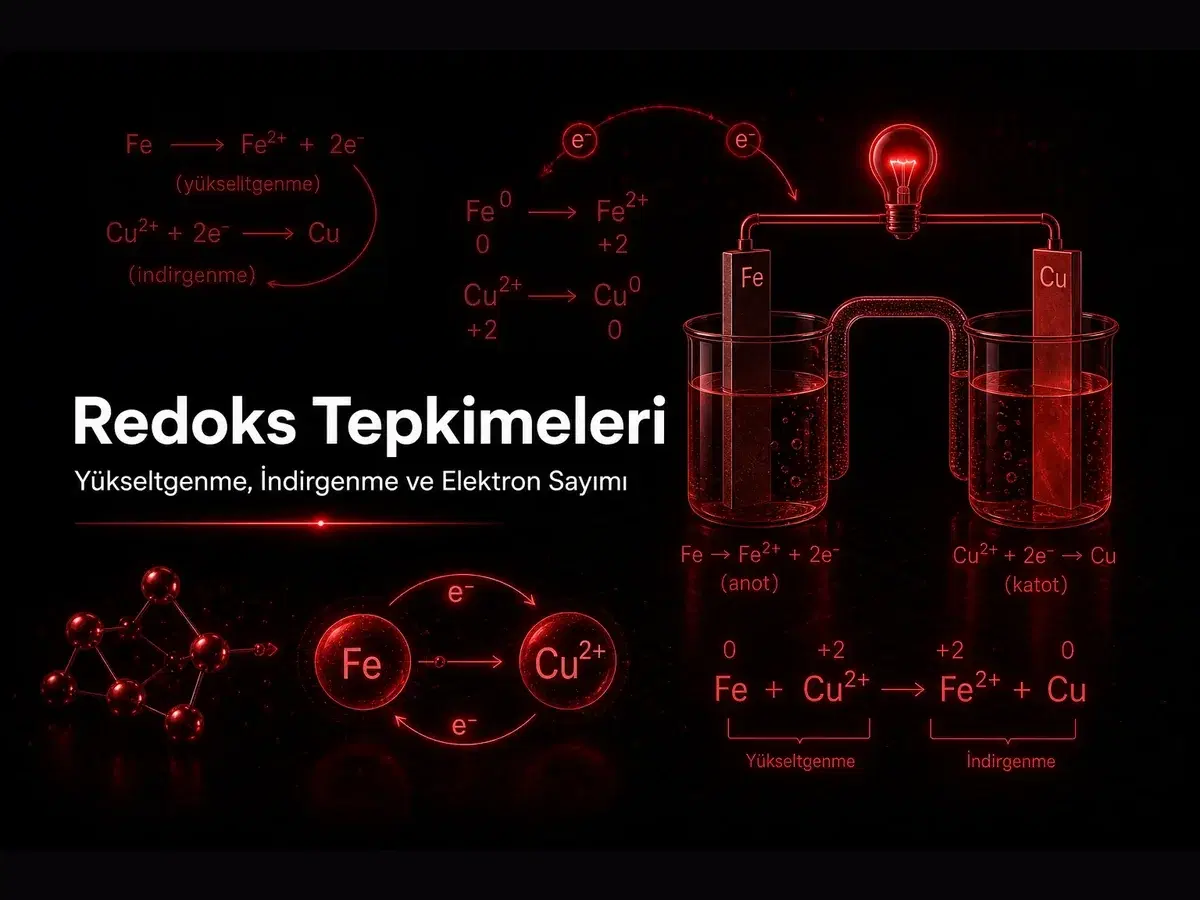 Redoks tepkimesi şeması, yükseltgenme indirgenme okları, oksidasyon sayısı ve elektron transferi üzerinde çalışan YKS öğrencisi
