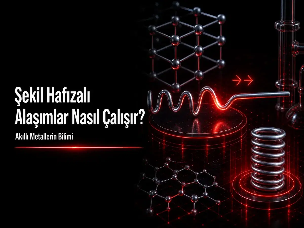 Bükülmüş metal telin ısıyla düz şekle döndüğü koyu sahne; Nitinol ve akıllı metal vurguları