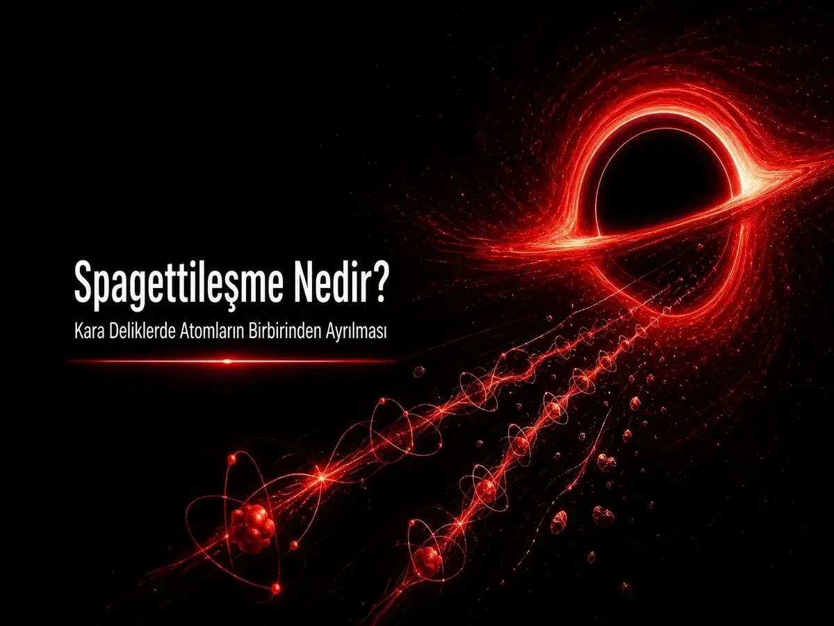 Spaghettification / spagettileşme: kara delik gelgit kuvvetiyle uzayan madde ve atom bağları şeması