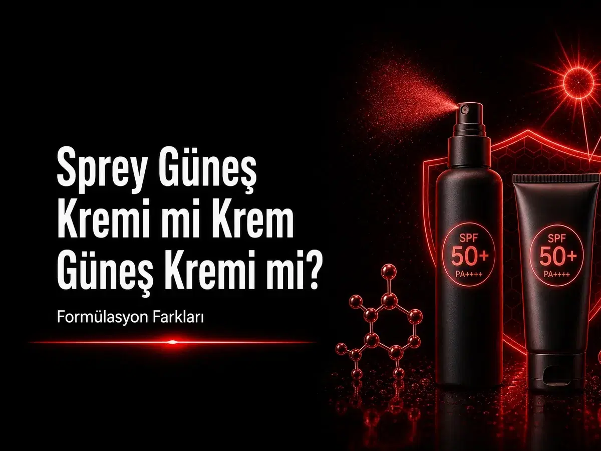 Sprey ve krem güneş kremi formülasyon farklarını gösteren koyu bilim kapak görseli, TYT kimya
