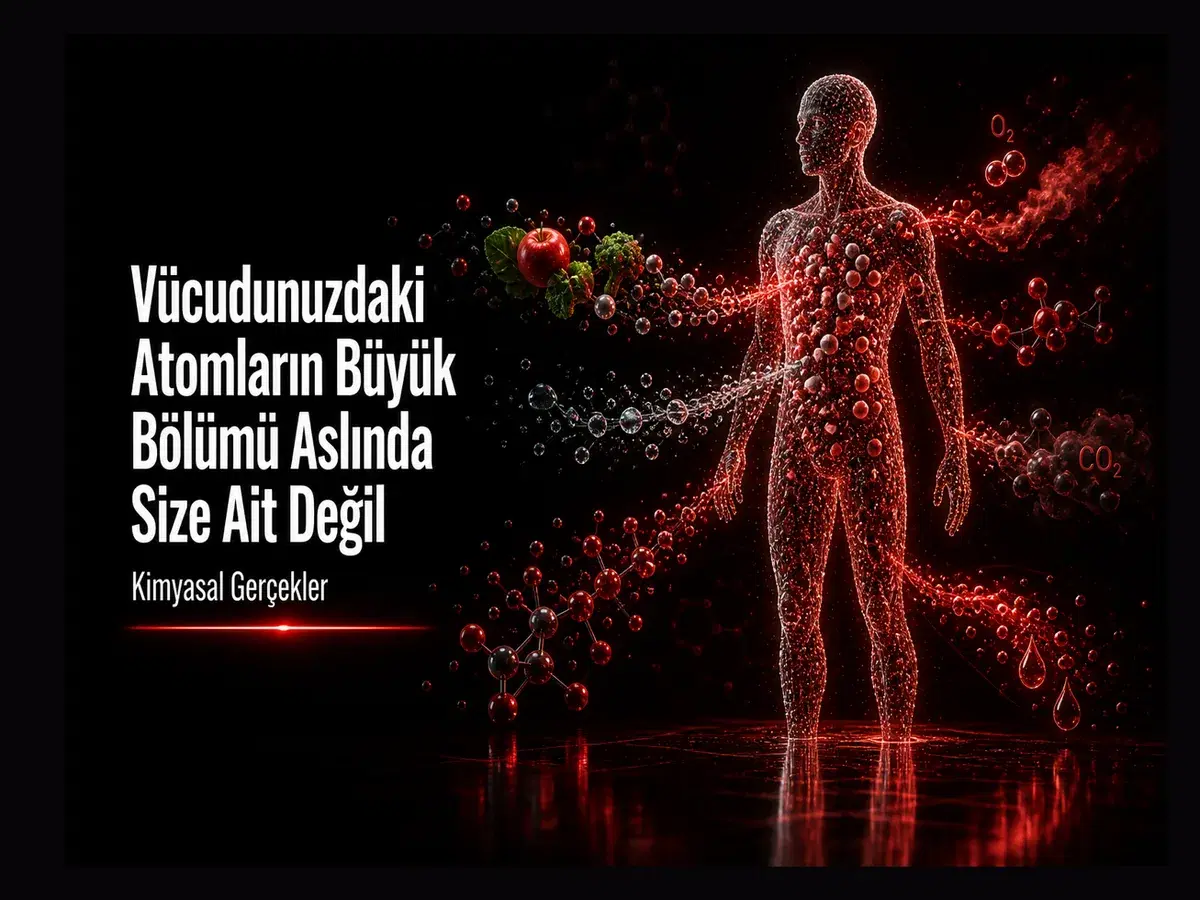 Vücuttaki atomlar değişir mi: besin su ve hava ile atom yenilenmesini gösteren kimya blog kapağı