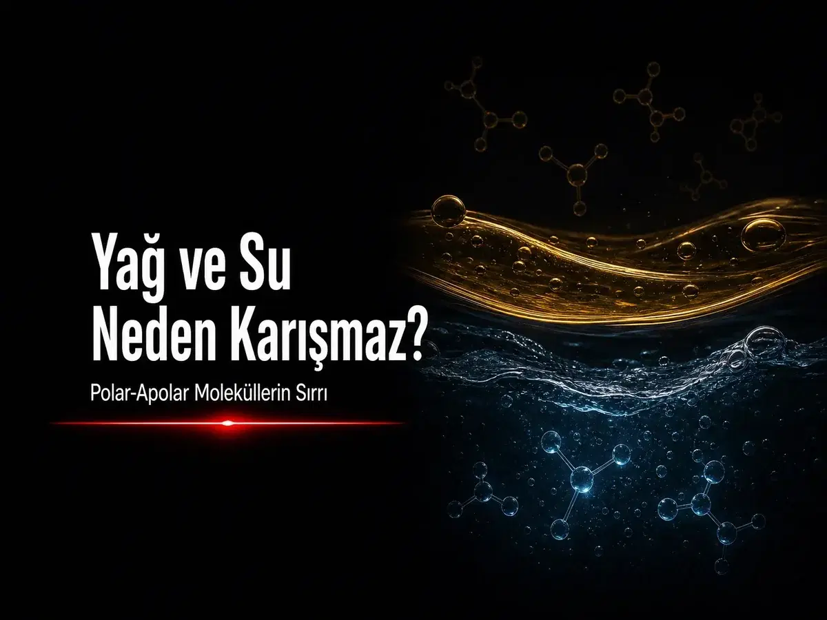 Yağ ve suyun karışmamasını polar-apolar moleküllerle gösteren koyu bilim kapak görseli, TYT kimya