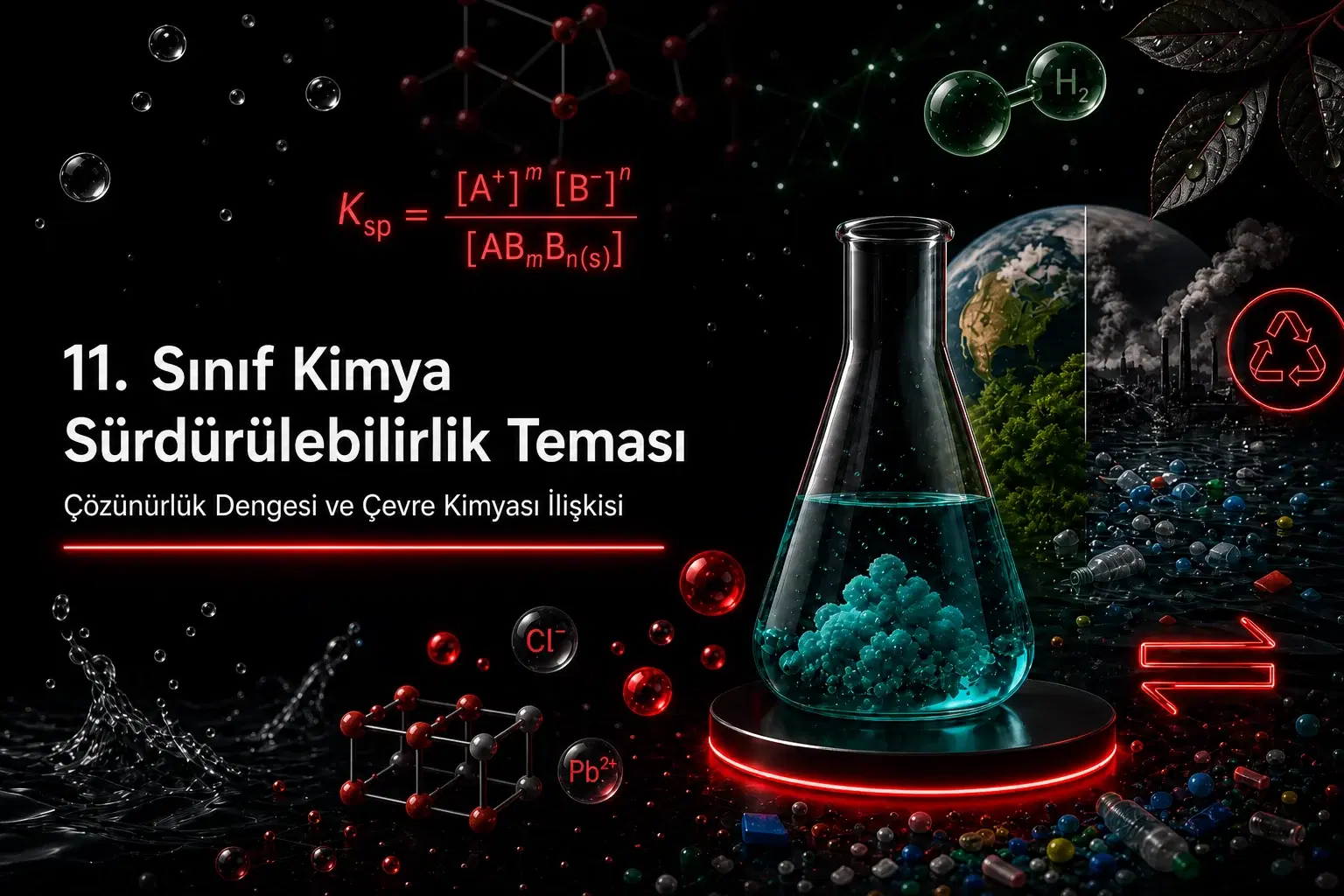 11. sınıf kimya Sürdürülebilirlik teması, çözünürlük dengesi ve çevre kimyası ilişkisi konulu blog kapak görseli