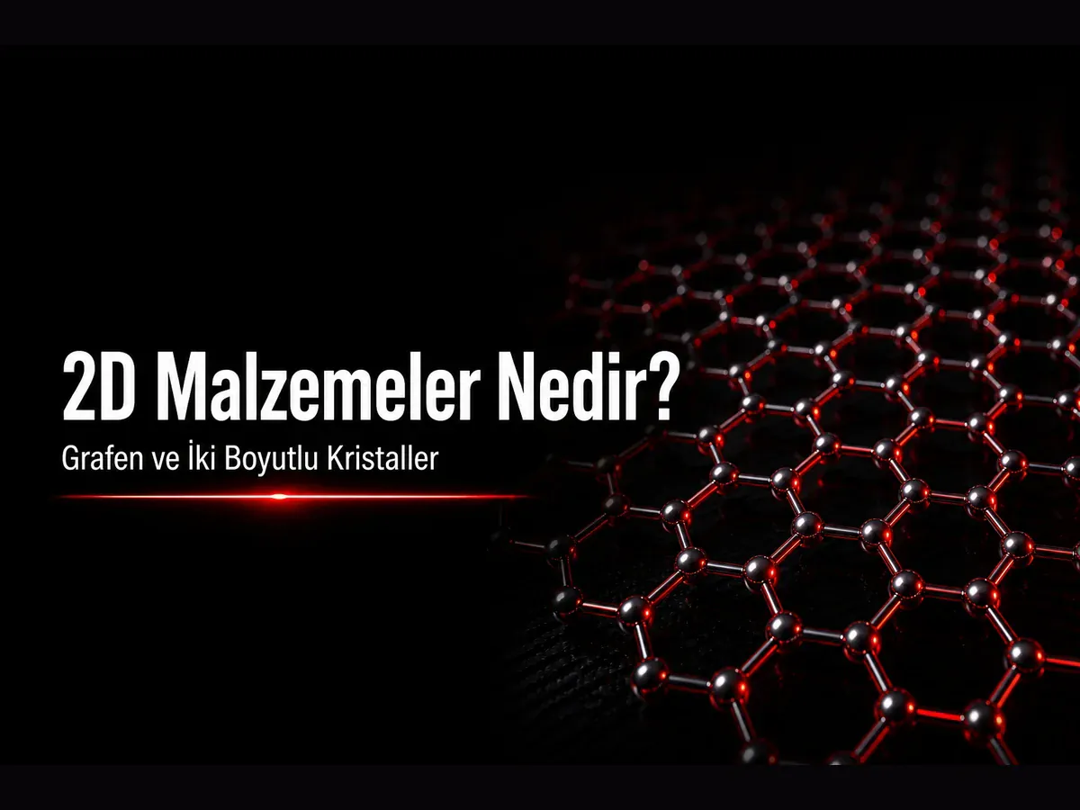 Tek atom kalınlığında iki boyutlu kristal tabaka ve kırmızı glow vurgulu 2D malzeme bilim kapak görseli