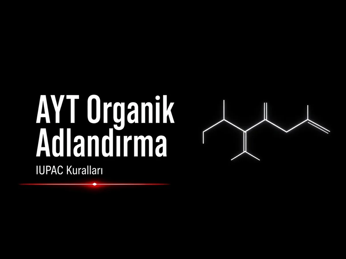 AYT organik adlandırma: karbon zinciri, yan dallar ve IUPAC kurallarını anlatan kapak görseli