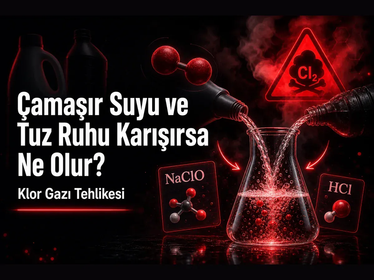 Çamaşır suyu ve tuz ruhu karışımında klor gazı tehlikesi, NaClO ve HCl tepkimesi konulu TYT kimya blog kapak görseli