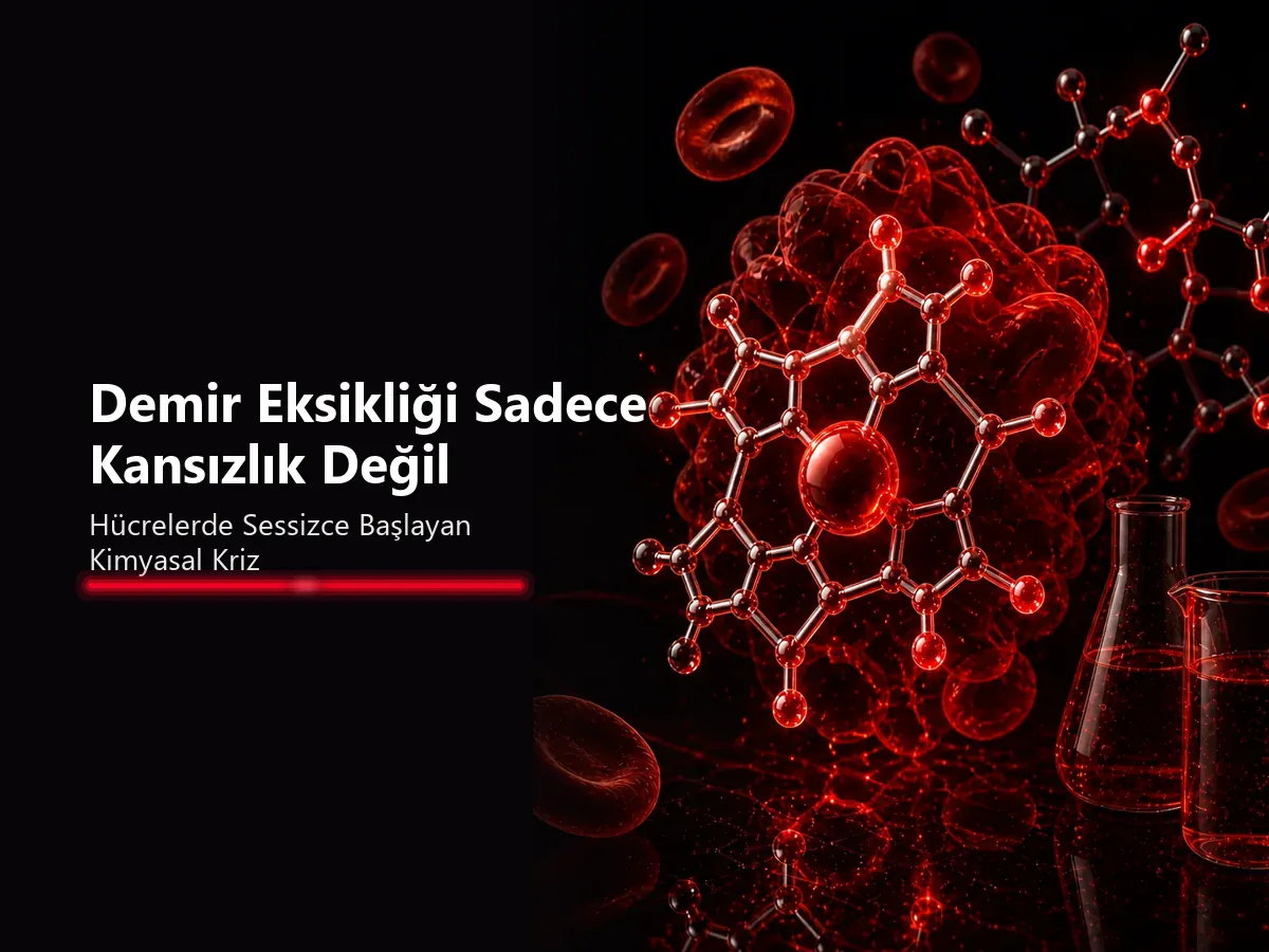 Demir eksikliği sadece kansızlık değil: ferritin deposu, hemoglobin ve hücre enzimlerini gösteren kimya blog kapağı