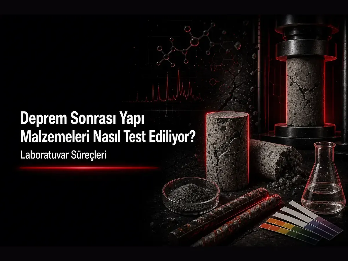 Deprem sonrası yapı malzemeleri laboratuvar testi; beton basınç dayanımı ve kimya analizi konulu TYT blog kapak görseli