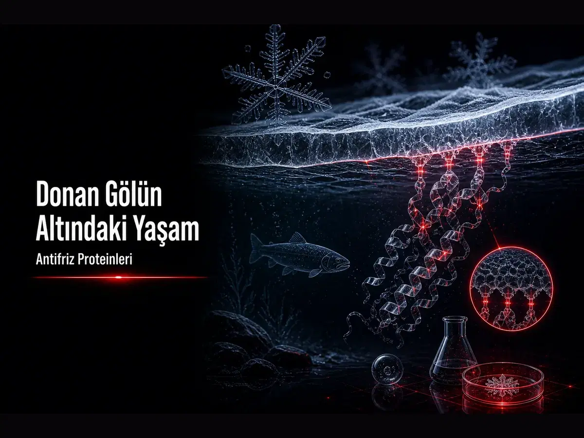 Donmuş göl kesiti, antifriz proteini ve buz kristali bağlanmasını gösteren koyu bilim temalı blog kapak görseli