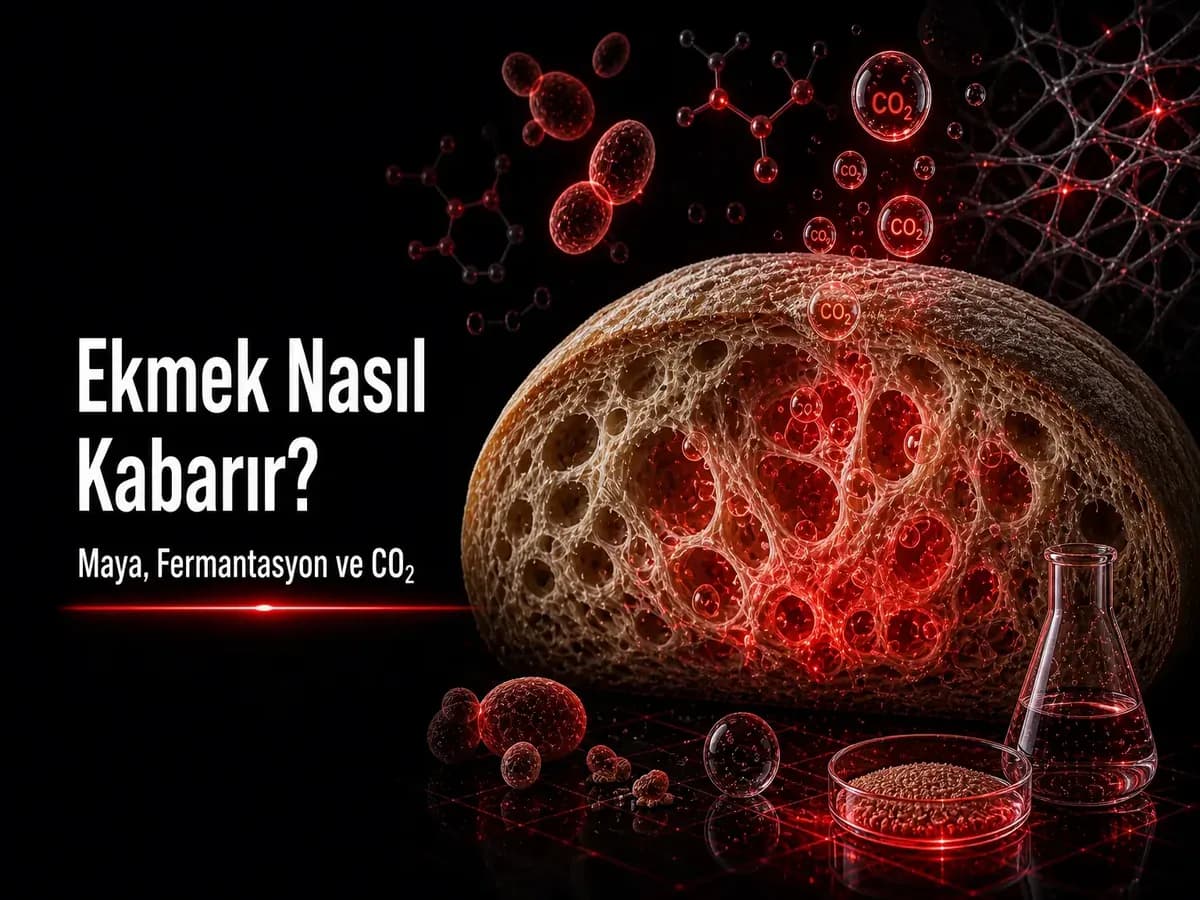 Ekmek nasıl kabarır: maya fermantasyonu, CO₂ kabarcıkları ve gluten ağını gösteren koyu bilim temalı blog kapak görseli