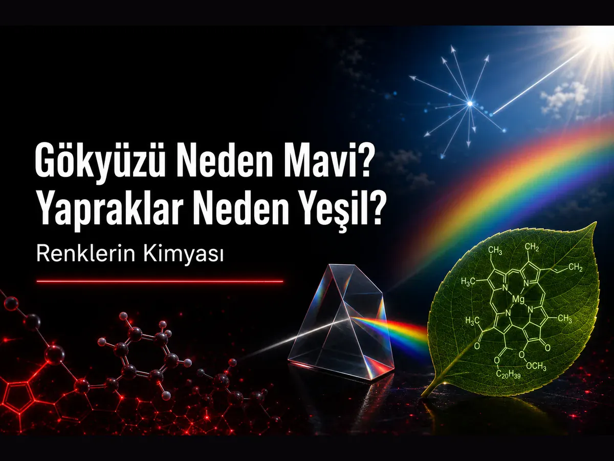Gökyüzünün mavi rengi, yeşil yapraklar ve klorofil molekülüyle renklerin kimyası konulu TYT kimya blog kapak görseli