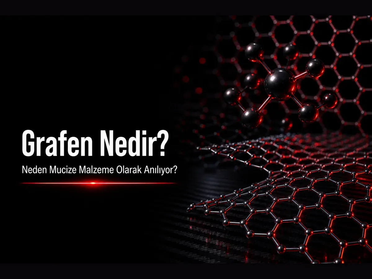 Tek atom kalınlığında bal peteği karbon ağı ve kırmızı glow vurgulu grafen bilim kapak görseli