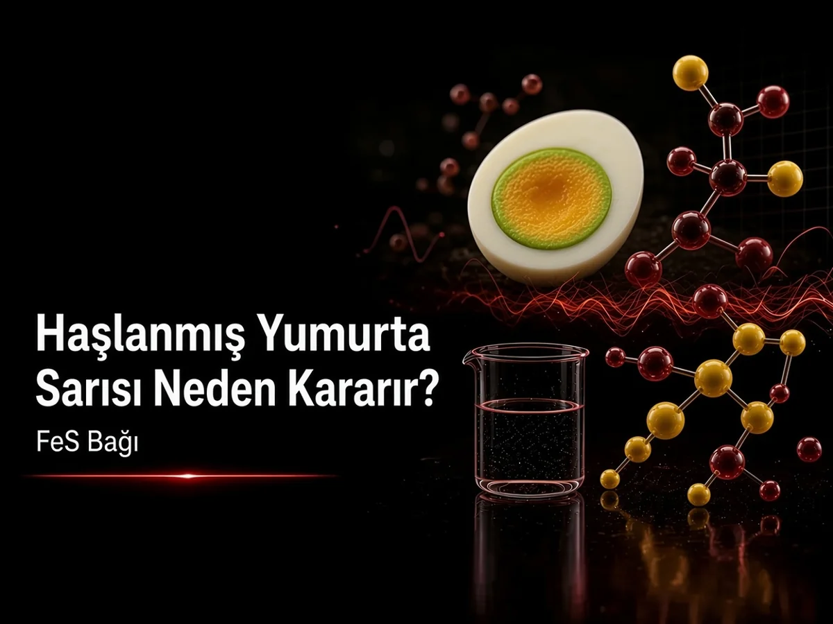 Haşlanmış yumurta sarısı neden kararır: FeS yeşil gri halka, demir sülfür ve H2S kapak görseli