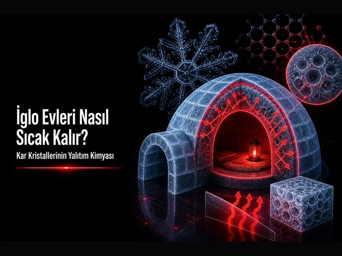 İglo kubbesi kesiti, heksagonal kar kristali ve durgun hava yalıtım okları olan koyu bilim temalı blog kapak görseli