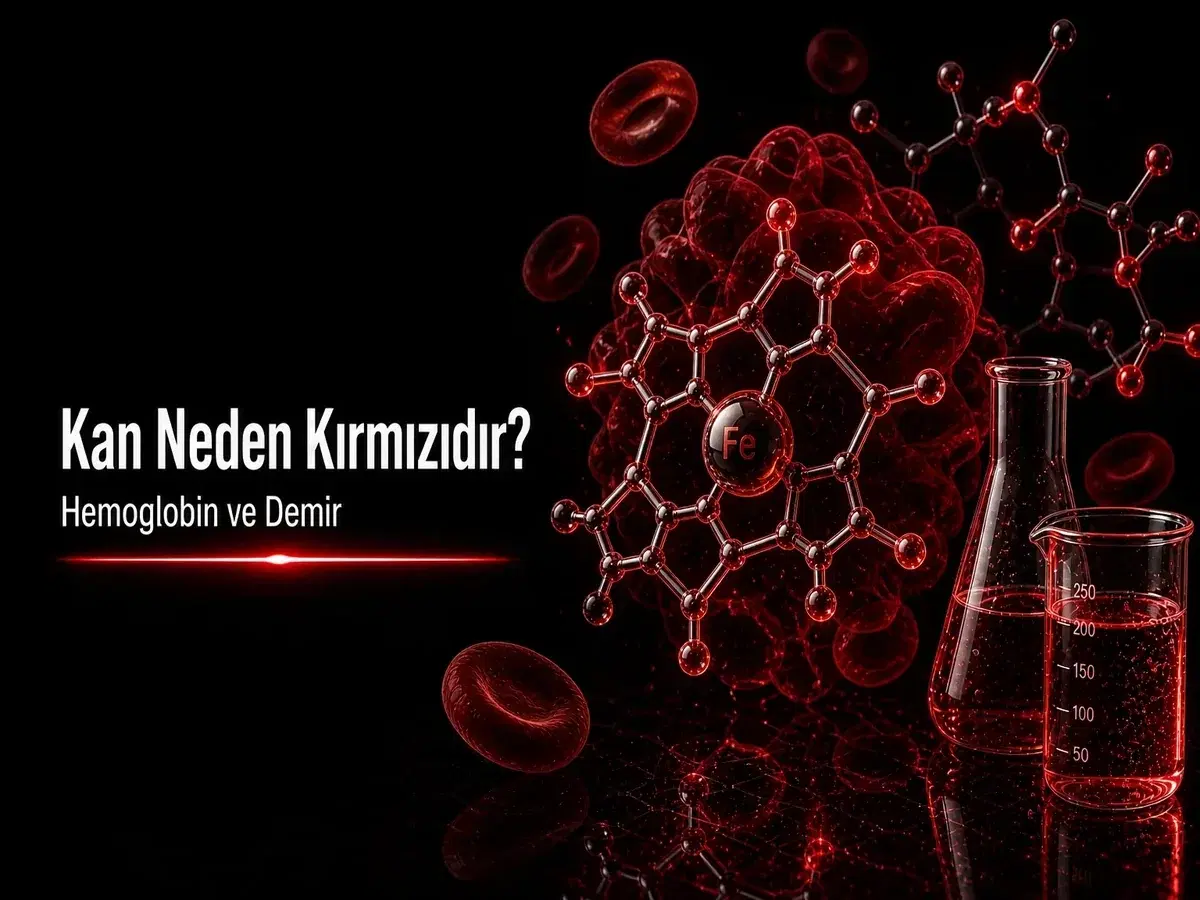 Kan neden kırmızıdır: hemoglobin, demir ve heme yapısını gösteren koyu bilim temalı kapak