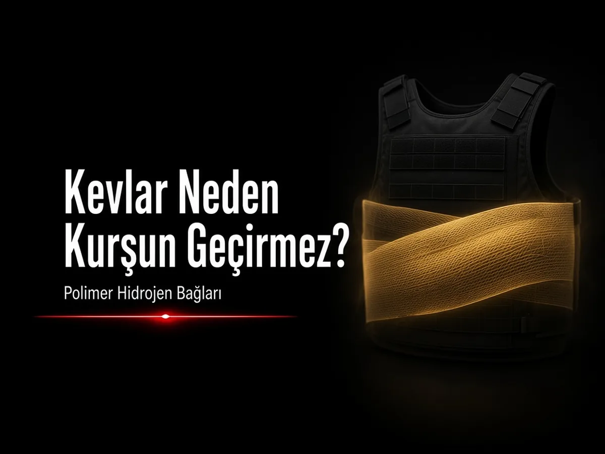 Kevlar neden kurşun geçirmez: dokunmuş lif katmanlı yelek ve polimer hidrojen bağını anlatan kapak görseli