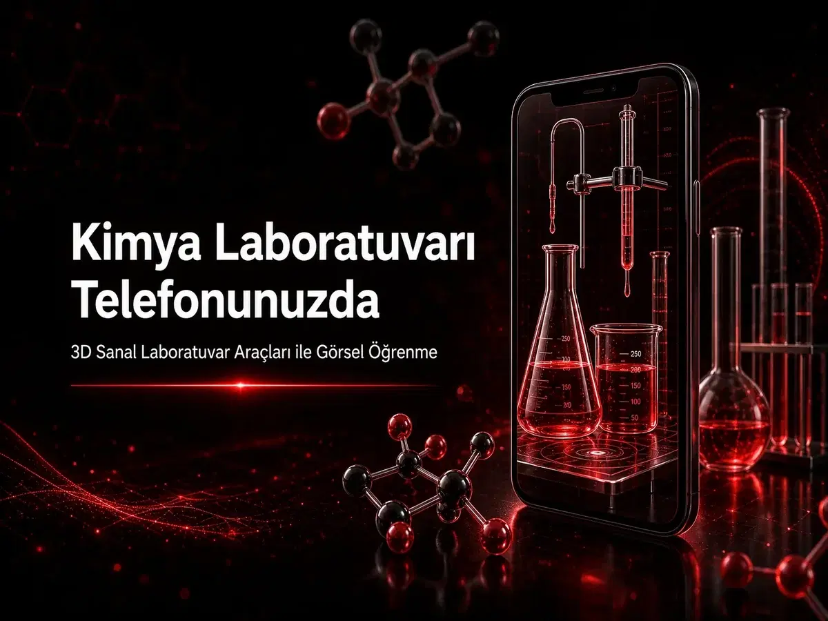 Telefonda 3D sanal kimya laboratuvarı ekipmanları ve molekül modelleri ile görsel öğrenen YKS öğrencisi