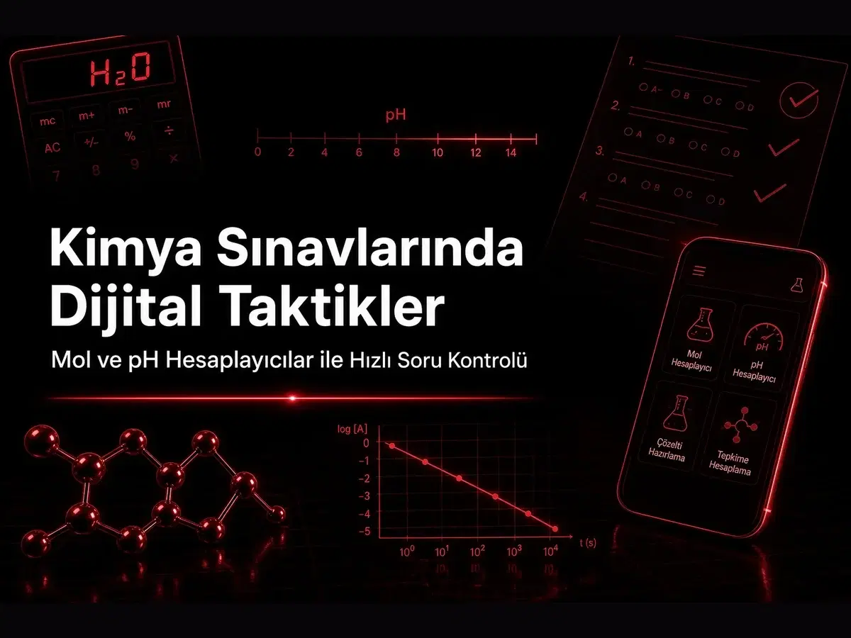 Kimya sınavında mol ve pH hesaplayıcı ile soru kontrolü yapan YKS öğrencisi, dijital taktikler ekranı