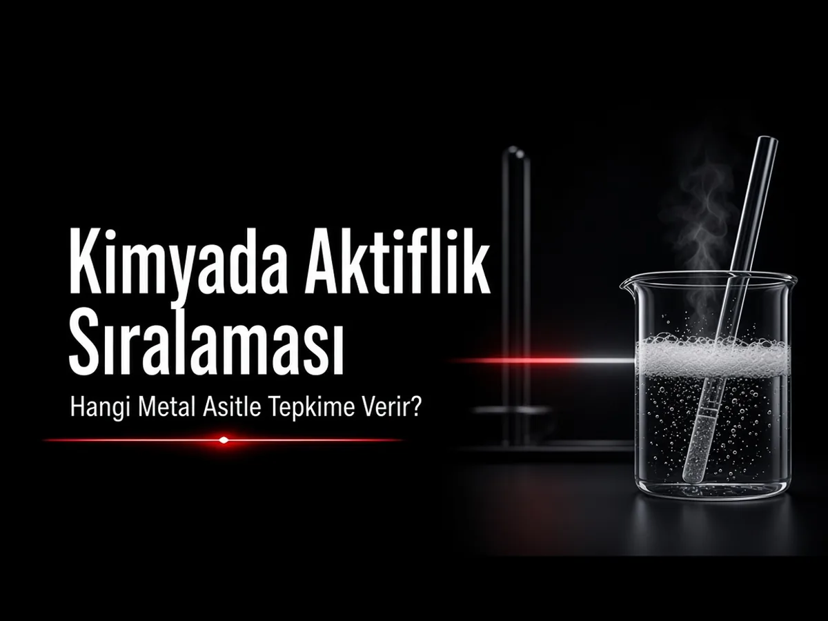 Aktiflik sıralaması: beherde köpüren metal, hidrojen çizgisi ve asit tepkimesini anlatan kapak görseli