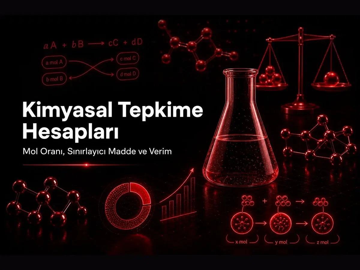 Kimyasal tepkime denklemi, mol oranı tablosu, sınırlayıcı madde ve verim formülü üzerinde çalışan YKS kimya öğrencisi