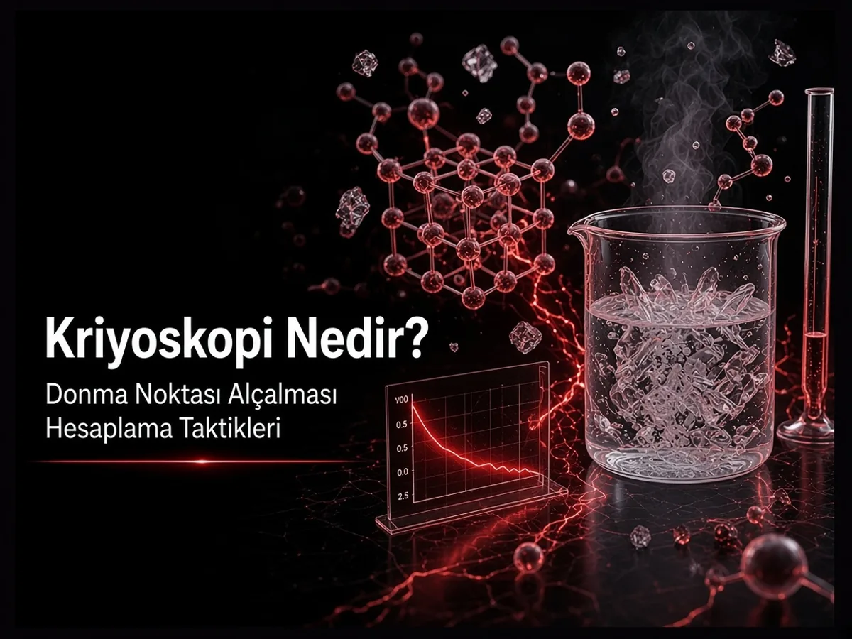 Kriyoskopi nedir: donma noktası alçalması, buzlu çözelti ve hesap adımlarını gösteren kapak görseli