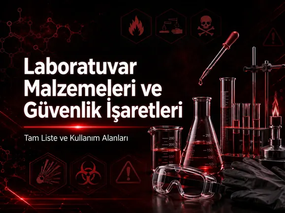 Kimya laboratuvar malzemeleri, güvenlik işaretleri ve koruyucu ekipmanları inceleyen TYT kimya öğrencisi