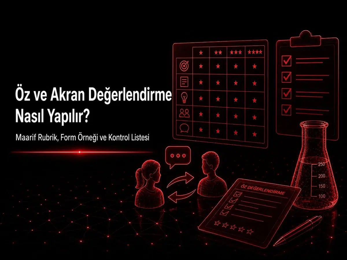 Maarif öz ve akran değerlendirme rubrik tablosu, form örneği ve kimya öğretmen kontrol listesi kapak görseli