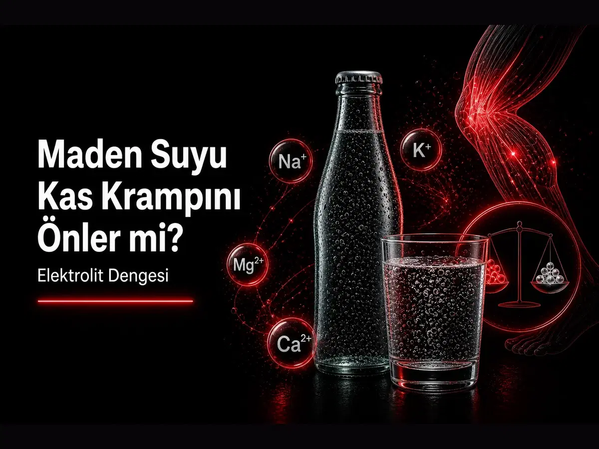 Maden suyu, elektrolit iyonları ve kas krampı ilişkisini gösteren koyu bilim temalı blog kapak görseli